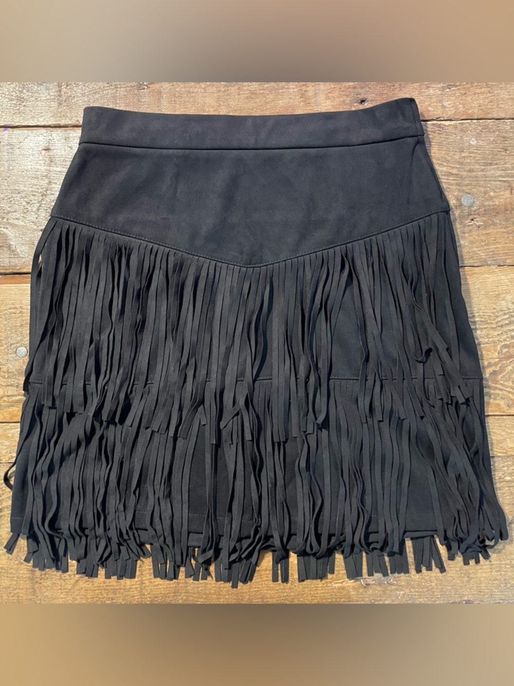 Alya Black Suede Fringe Mini Skirt